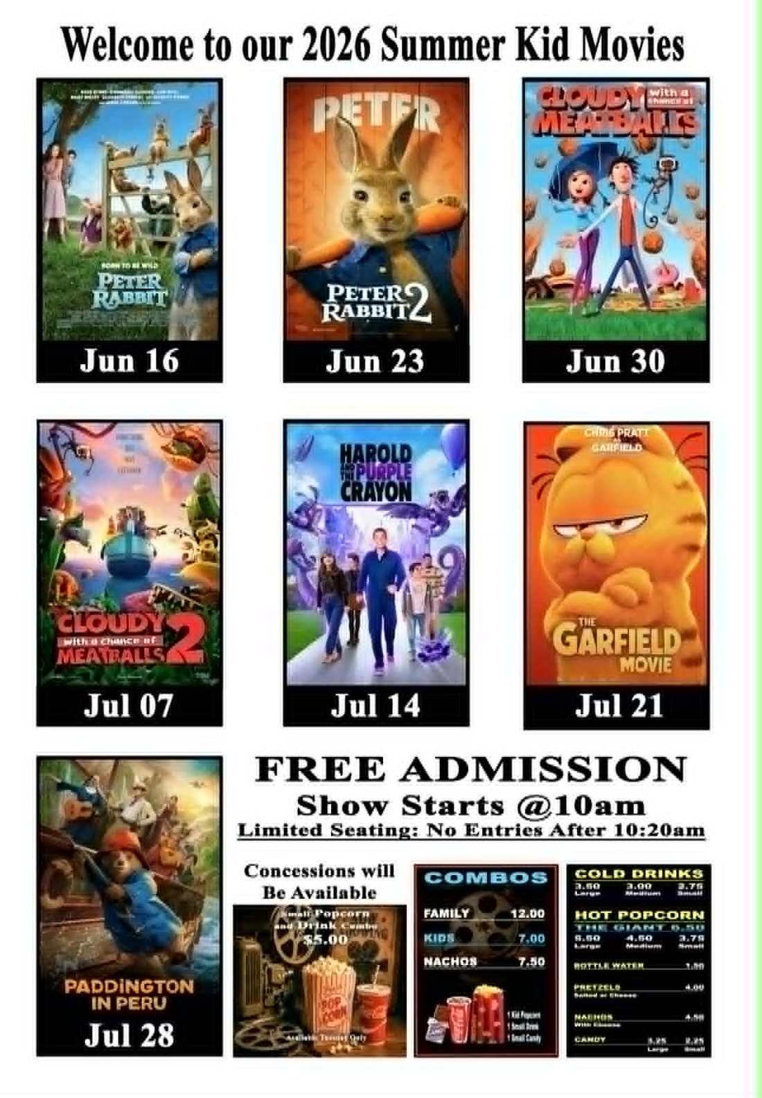 2026 Summer Kid Movies flyer with free Tuesday morning movies at Laurinburg Cinema